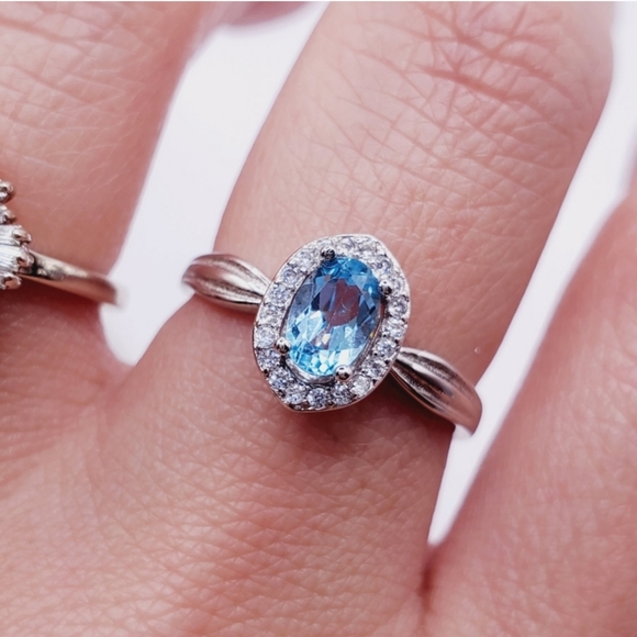 Natural Swiss Blue Topaz Sterling Silver Diamond Halo Ring - Picture 3 of 4